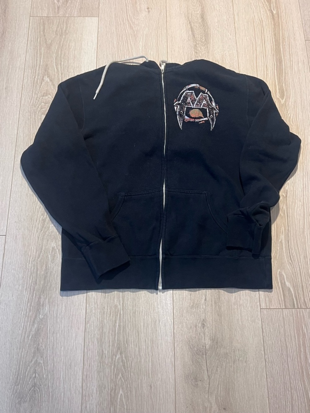 Black Zip-Up Hoodie with Embroidered Graphic